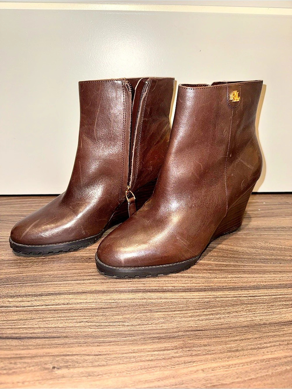Lauren Ralph Lauren Shaley Calfskin Wedge Bootie Brown Leather Wedge Booties US